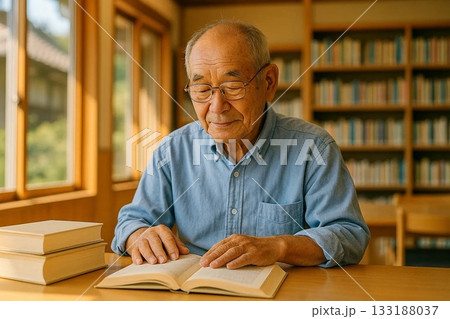 図書館で読書を楽しむシニア男性 133188037