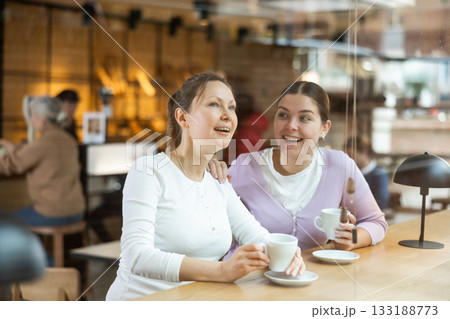 Two cheerful female friends enjoying their coffee in cozy cafe Two cheerful female friends enjoying their coffee in cozy cafe 133188773