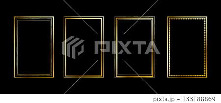 Gold thin rectangle frame set. Shining golden square borders in art deco style. Thin linear rectangular cadre collection. Vector yellow glowing shiny boarder shape pack for photo, poster, tarot card 133188869