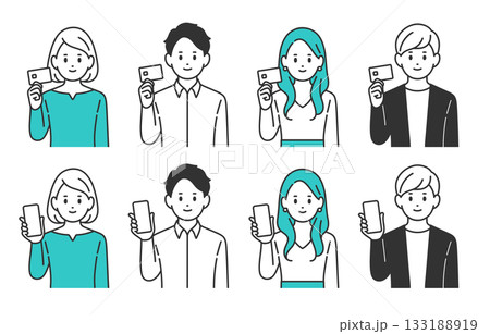 クレジットカードやスマホを持つ若い男女のセット【人物ベクターイラスト素材】 133188919