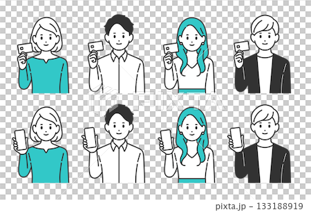 一群手持信用卡和智慧型手機的年輕男女[人物向量插圖素材] 133188919