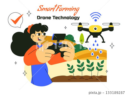 Smart Drone Farming Technology Vector Illustration Featuring a Farmer Managing His Industrial Farm Using a Tablet in a Flat Background Smart Drone Farming Technology Vector Illustration Featuring a Farmer Managing His Industrial Farm Using a Tablet in a Flat Background 133189287