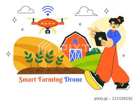 Smart Drone Farming Technology Vector Illustration Featuring a Farmer Managing His Industrial Farm Using a Tablet in a Flat Background 133189292