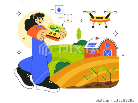 Smart Drone Farming Technology Vector Illustration Featuring a Farmer Managing His Industrial Farm Using a Tablet in a Flat Background Smart Drone Farming Technology Vector Illustration Featuring a Farmer Managing His Industrial Farm Using a Tablet in a Flat Background 133189293