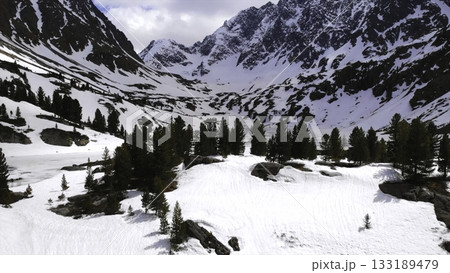 Melting frozen lake surrounded by snowy mountains and pine trees. Media 133189479
