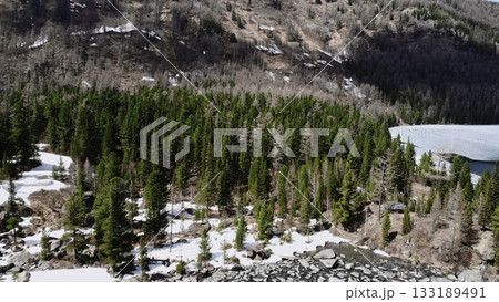 Panning across evergreen forest and snowy mountainside. Media Panning across evergreen forest and snowy mountainside. Media 133189491