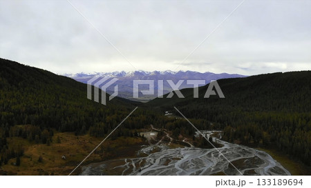 Braided river flowing through autumn forest valley. Media 133189694