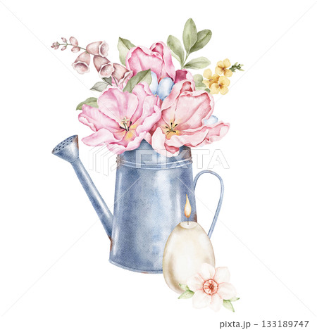 Watercolor composition featuring a metal jug with pink flowers and a hanging decorative egg with a soft flower. Ideal for Easter cards, packaging, posters, crafts, and spring themed creative projects. 133189747