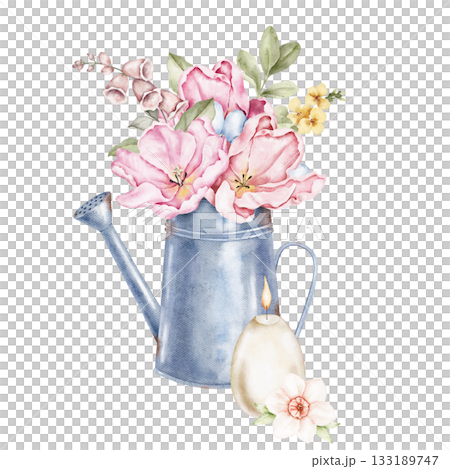 Watercolor composition featuring a metal jug with pink flowers and a hanging decorative egg with a soft flower. Ideal for Easter cards, packaging, posters, crafts, and spring themed creative projects. 133189747