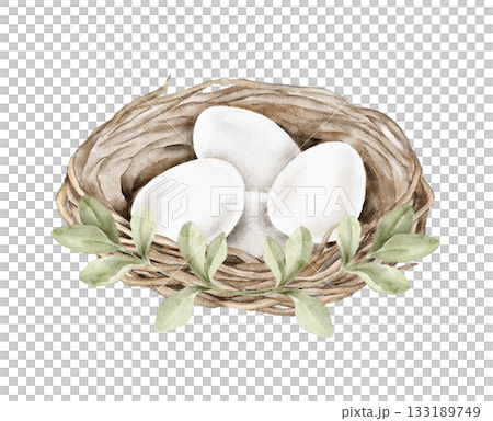 Watercolor illustration of a woven nest holding white eggs with surrounding green leaves. Ideal for Easter cards, packaging, labels, posters, spring decor, and natural themed creative projects. 133189749