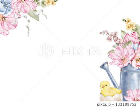 Watercolor corner frame with pink flowers, a metal jug, and a small yellow chick. Suitable for postcards, invitations, packaging, labels, posters, and spring or Easter themed design layouts. 133189752