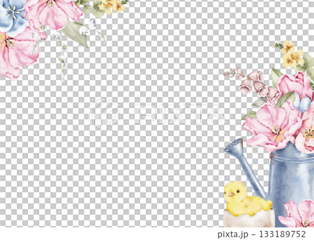 Watercolor corner frame with pink flowers, a metal jug, and a small yellow chick. Suitable for postcards, invitations, packaging, labels, posters, and spring or Easter themed design layouts. 133189752
