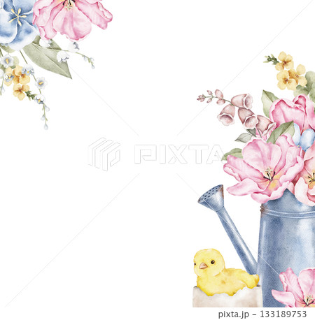 Watercolor corner frame with pink flowers, a metal jug, and a small yellow chick. Suitable for postcards, invitations, packaging, labels, posters, and spring or Easter themed design layouts. 133189753