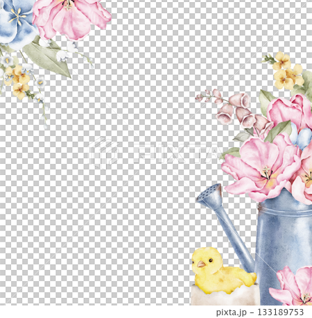 Watercolor corner frame with pink flowers, a metal jug, and a small yellow chick. Suitable for postcards, invitations, packaging, labels, posters, and spring or Easter themed design layouts. 133189753