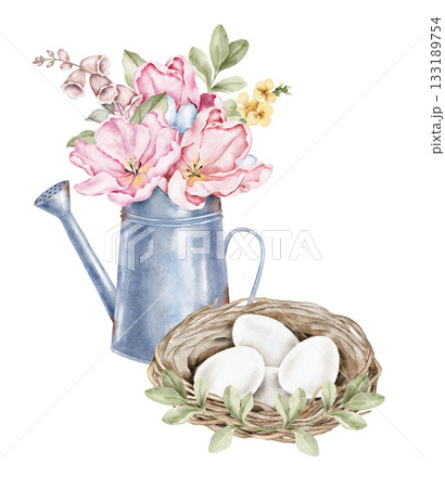 Watercolor Easter composition with a metal jug holding pink flowers and a nest with white eggs below. Suitable for holiday postcards, posters, packaging, spring decor, and creative seasonal projects. 133189754