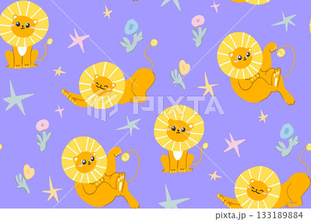 Bright yellow lions on a shimmering purple seamless pattern among flowers and stars Bright yellow lions on a shimmering purple seamless pattern among flowers and stars 133189884