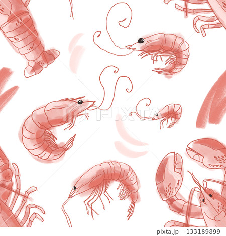 Hand-Drawn Shrimp and Lobster Seafood Sketch on White, Seafood in Pink Tones Drawn with Pastel Hand-Drawn Shrimp and Lobster Seafood Sketch on White, Seafood in Pink Tones Drawn with Pastel 133189899