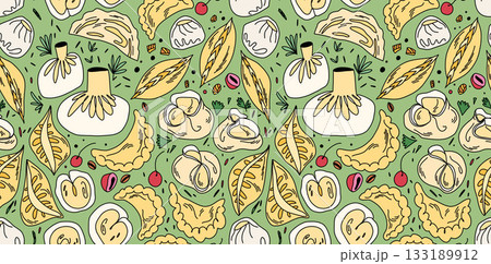 A rich seamless pattern with varied dumplings on a bright green background 133189912