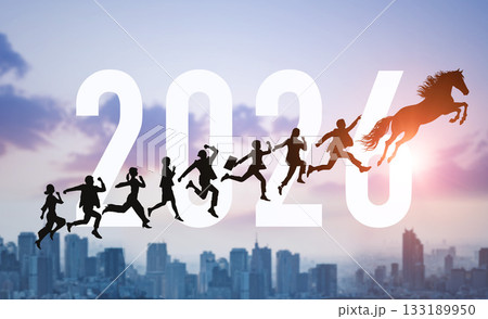 2026年へジャンプする馬と人々　2026年午年新年イメージ　ビジネス向け年賀状素材 133189950