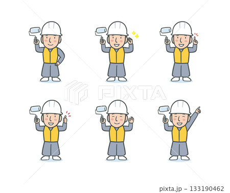 作業服を着てローラーを持った塗装職人の表情ポーズセット 作業服を着てローラーを持った塗装職人の表情ポーズセット 133190462