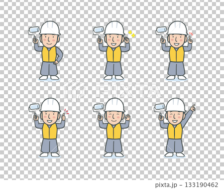 作業服を着てローラーを持った塗装職人の表情ポーズセット 作業服を着てローラーを持った塗装職人の表情ポーズセット 133190462