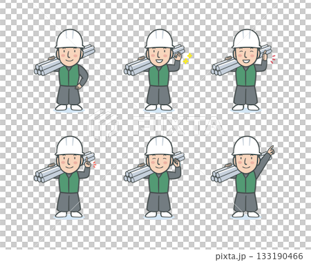 一組身穿工作服、手持鐵管的建築工人臉部表情。 133190466
