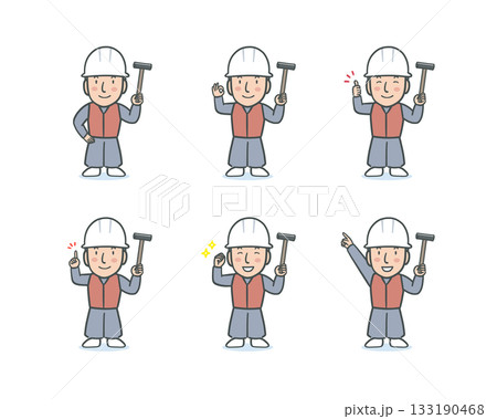 作業服を着て金槌を持った大工さんの表情ポーズセット 133190468