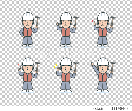 作業服を着て金槌を持った大工さんの表情ポーズセット 133190468