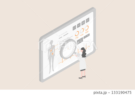 電子カルテで患者の健康診断データを分析する女性医師。アイソメトリックなベクターイラスト 医療DX 電子カルテで患者の健康診断データを分析する女性医師。アイソメトリックなベクターイラスト 医療DX 133190475