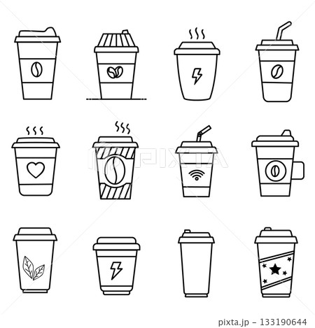 Rendered in black line art on a white background, this set includes hot and cold beverage cups with different lid and straw styles. Rendered in black line art on a white background, this set includes hot and cold beverage cups with different lid and straw styles. 133190644