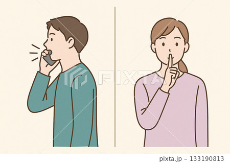 通話中の人と静かにしている人の対比イラスト 2 通話中の人と静かにしている人の対比イラスト 2 133190813