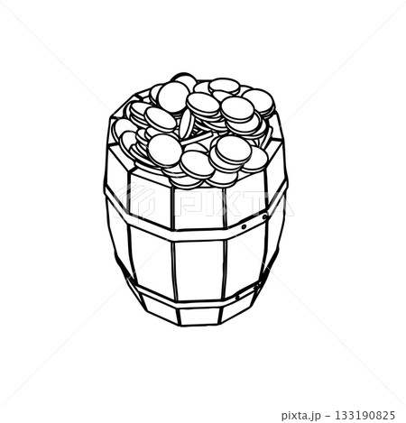 Outline for Coloring of Wooden Old Vintage Barrel with Metal Bands filled by Gold Coins. Vector Illustration. 133190825