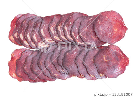 Delicious raw cured sausage isolate. Food, meat sausage. 133191007