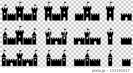 Set of vector illustrations of castles, forts and fortress icons of various shapes 133191017