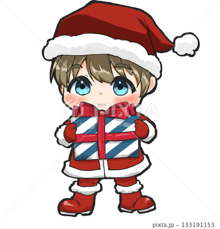 プレゼントを持って照れるサンタの男の子（SDキャラ） 133191153