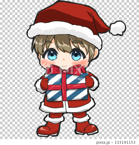 プレゼントを持って照れるサンタの男の子（SDキャラ） 133191153