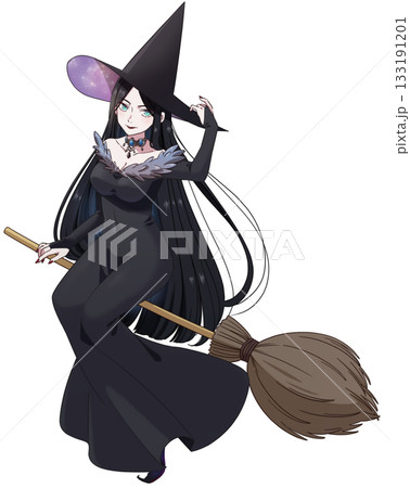 箒に乗って飛んでいる黒髪魔女 133191201