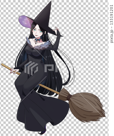 箒に乗って飛んでいる黒髪魔女 133191201