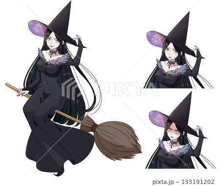 箒に乗って飛んでいる黒髪魔女の表情セット 133191202