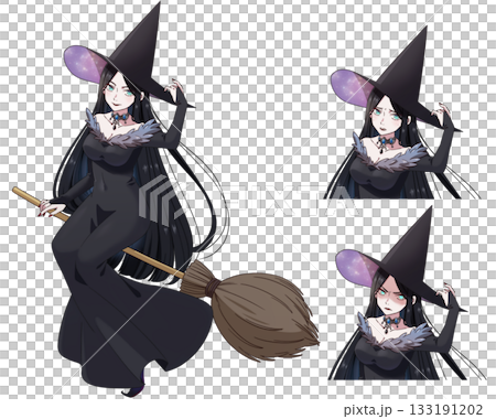 箒に乗って飛んでいる黒髪魔女の表情セット 133191202