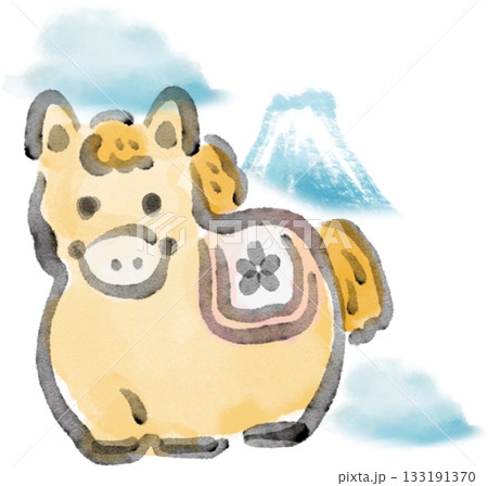 年賀2026　令和8年　馬　午年　手描き水彩画　年賀状　富士山　デザイン　イラスト素材 133191370