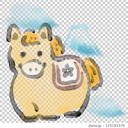 年賀2026　令和8年　馬　午年　手描き水彩画　年賀状　富士山　デザイン　イラスト素材 133191370