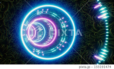 Glowing neon light in the grass tunnel VJ art 3d rendering 133191474