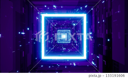Glowing Blue Square Light in the Purple Sci Fi Tunnel Background 3D Rendering 133191606
