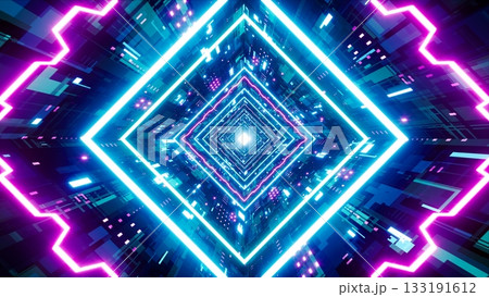 Glowing Neon Cyberpunk Sci Fi Tunnel 3D Rendering 133191612