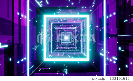 Glowing Neon Square Light in the Sci Fi Pattern Textured Tunnel Background 3D Rendering 133191613