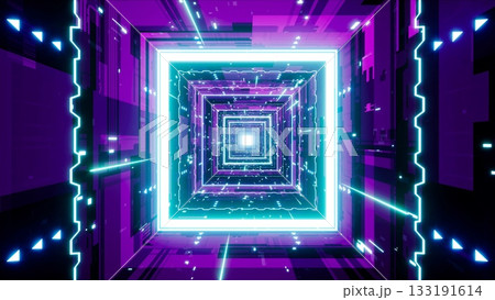 Glowing Neon Square Shaped Light Cyberpunk Tunnel Glowing Neon Square Shaped Light Cyberpunk Tunnel 133191614