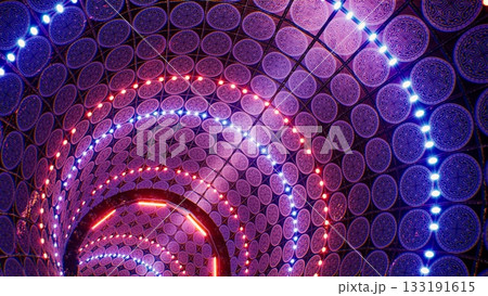 Glowing Red and Blue Light in the Oriental Shape Tiled Tunnel 3D Rendering 133191615
