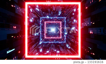 Glowing Red and Blue Lights in Sci Fi Square Frame Cyber Tunnel 3D Rendering 133191616