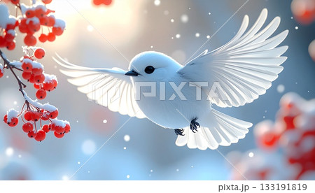 雪の中、翼を広げて羽ばたくシマエナガのクローズアップ 133191819